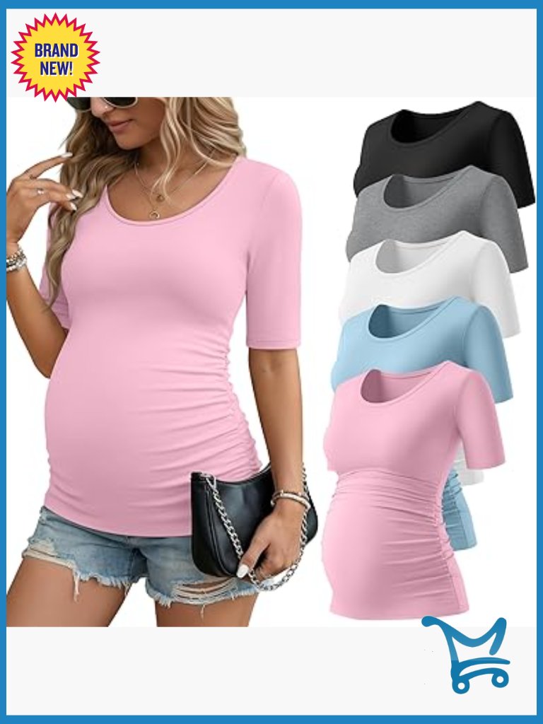 5 Pack Maternity T-Shirts Scoop Neck Half Sleeve Side Ruched Tees